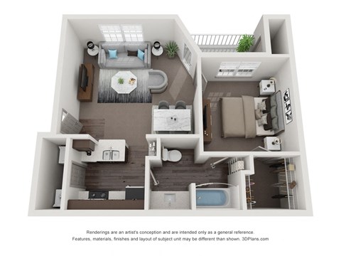 A 3D floor plan of a house with a living room, kitchen, and bathroom at Canyon Ridge, Austin, TX